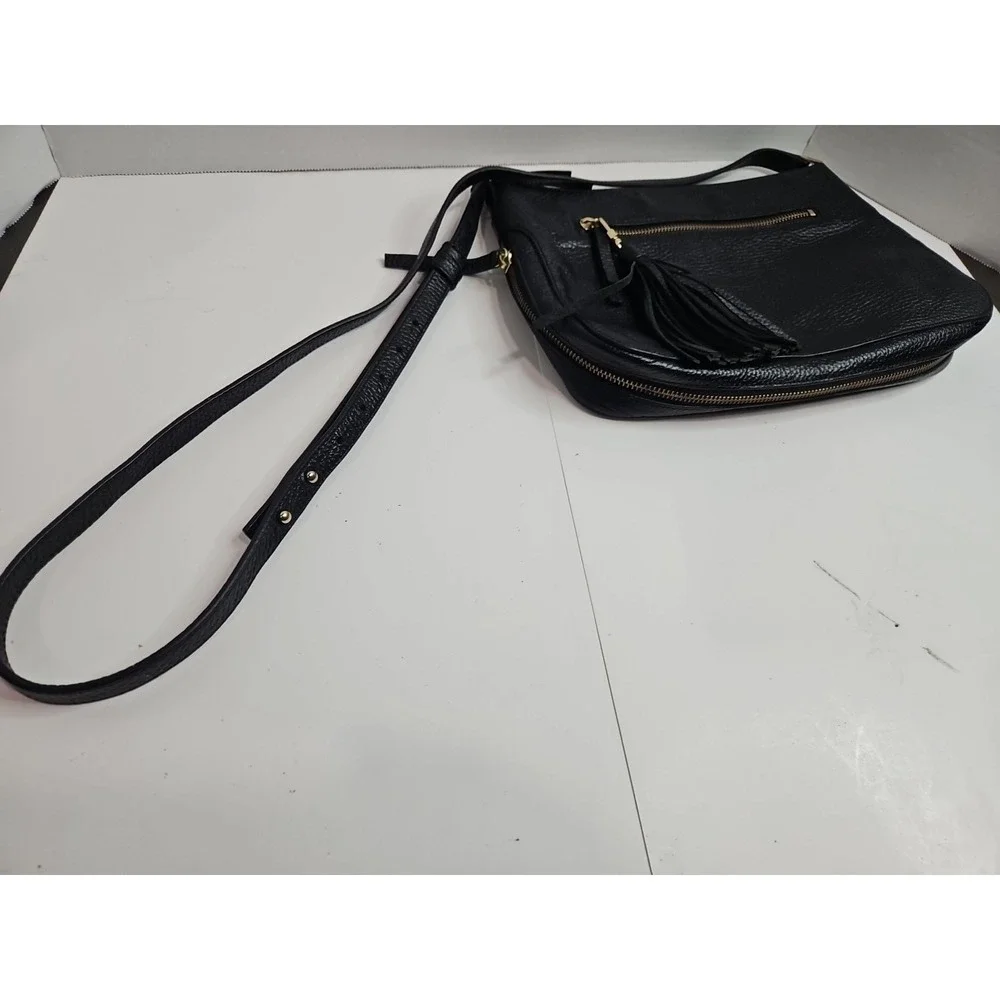 Halogen Black Pebbled Thick Leather Adjustable Crossbody Shoulder Bag Tassel (F)